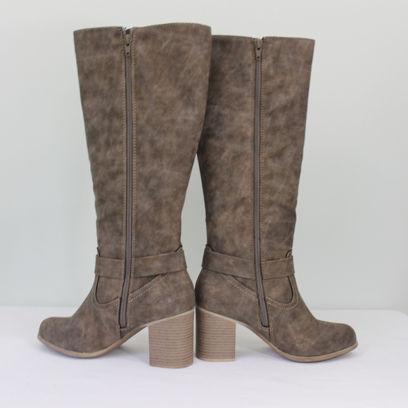 New Brown Heel Knee Zipper Boot Faux Leather - Picture 5 of 8